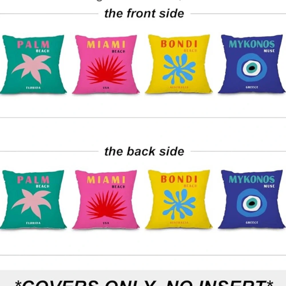 Set of 4 Decorative Miami Beach, Palm Beach, Bondi Beach & Mykonos Pillows